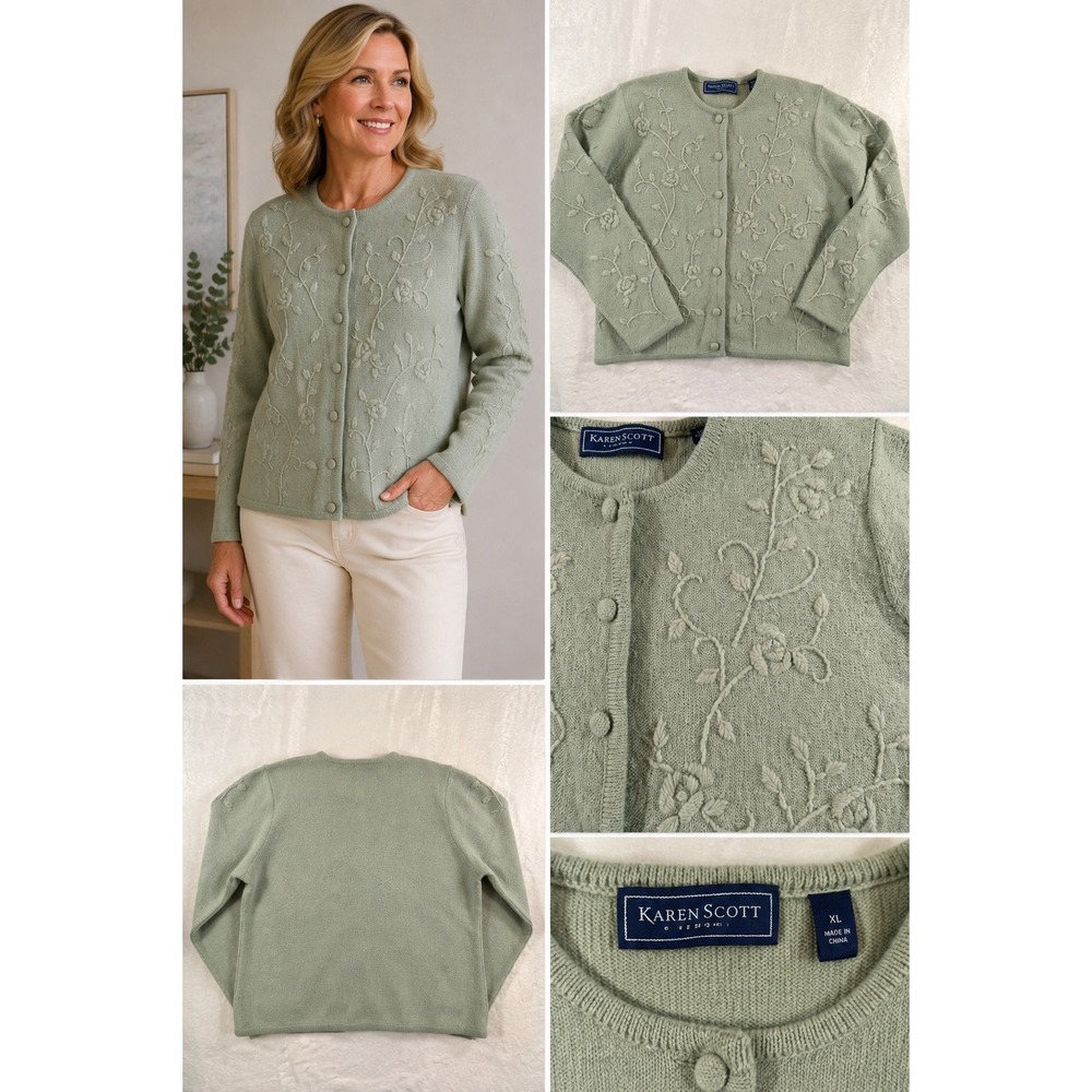 VTG Karen Scott Pure Wool Cardigan Sweater Medium Green Raised Floral Grandma - Picture 1 of 11